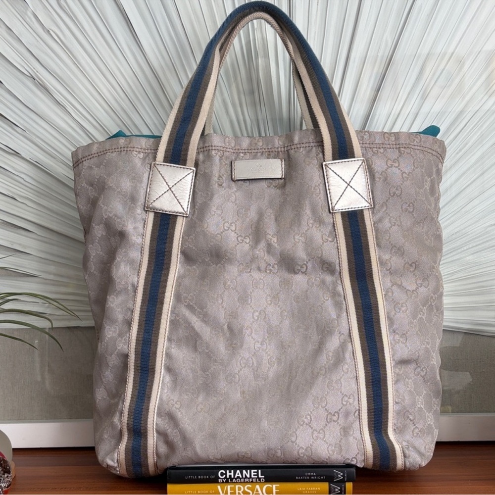 Gucci Silver GG Canvas Duffel Tote with Blue-Trim Handles EUC w/COA